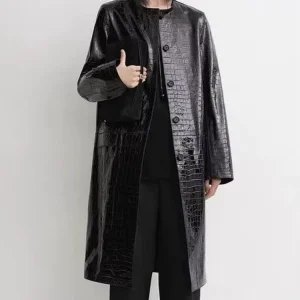 0021 Autumn Women’s Collarless Embossed Croc Sheepskin Coat Loose Mid Length Leather Trench Jacket