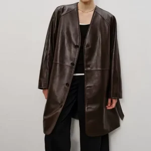 0023 Autumn Winter Women’s V Neck Semi Tanned Sheepskin Trench Coat Straight Long Spliced Single Breasted Leather Overcoat