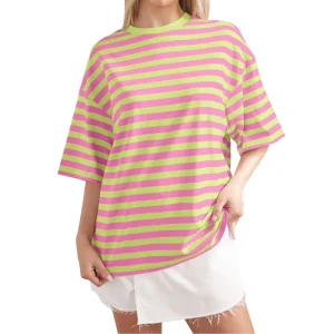 10 Colors Women Oversized Striped Color Block Short Sleeve Crew Neck T Shirts Casual Loose Pullover Tops Summer Tee Shirt