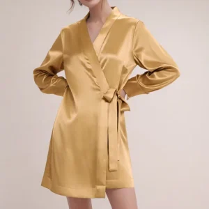 100% 22mm Mulberry Silk Golden Silk Wrap Robe For Women Luxury Silky Loungewear Nightgown Skin Friendly & Breathable