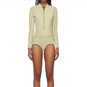 100% 2mm Neoprene Surf Suit Swimwear Stand Collar Front Zipper Closure Raw Edge Cuffs Long Sleeve Women’s Rash Guard