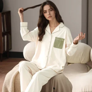 100% Breathable Cotton Women’s Sleepwear Set Elastic Waist Knit Pajamas Spring Casual Elegant Full Length Long Sleeve Soft