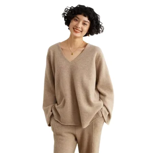 100% Cashmere Ladies Casual Winter 2 Piece Sweater Set Long Sleeve V Neck Pullover Pants Loose Fit Knitted Top