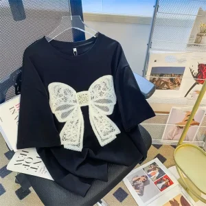 100% Cotton American Advanced Design Heavy Industry Crystal diamond Bow Short Sleeve T shirt Women’s Summer Crewneck Top