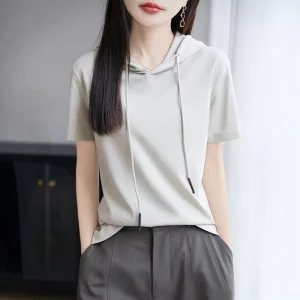 100% Cotton Casual Hooded Short-Sleeved Women’s Thin Loose Slm T-Shirt