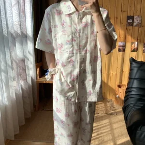 100% Cotton New Sleepwear Women Long Print Plus Size Custom Label Breathable Women’s Pajamas Two-piece Set