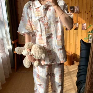 100% Cotton New Sleepwear Women Long Print Plus Size Custom Label Breathable Women’s Pajamas Two-piece Set