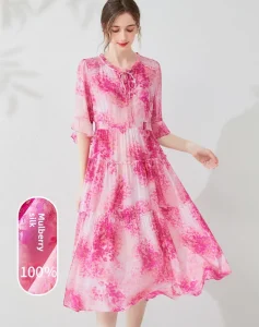 100% Mulberry Silk Anti-static Spring Summer Casual Romantic Feminine Floral Print Tiered A-line Skirt Long Dress Loose Waist
