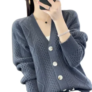 100% Pure Cashmere Cardigan Female V neck Twisted Flower Long Sleeve Thick Knit Coat Sweater Loose Sweater Custom Made