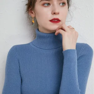 100 Pure Color Wool Bottoming Shirt Women’s Long sleeved Drawstring Slim Knit Sweater High Lapel Cashmere Sweater