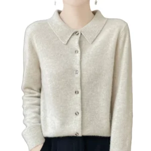 100% Pure Wool Women’s Cardigan Turn Collar Long Sleeve Outerwear Autumn Winter New Loose Fit Slimming Cashmere Knit Button