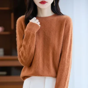 100% Pure Wool Women’s Sweater Autumn Winter Fashionable Loose Fit Knitwear Low Round Neck Long Sleeve Base Layer