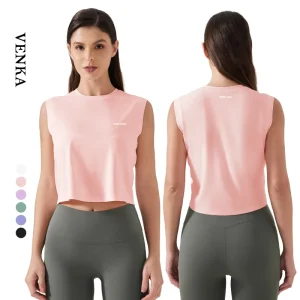 100%Polyester Women’s Gym Wear Solid Color Round Neck Loose Crop Top Breathable Quick Dry Sleeveless Shirts Tank Top for Women