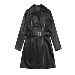 1142 Casual Medium Length Zipper Motorcycle Genuine Leather Sheepskin Jacket Trench Coat