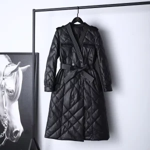 1208 V neck Tie Waist Genuine Leather Sheepskin Checkered 90 White Duck Down Medium Length Down Coat