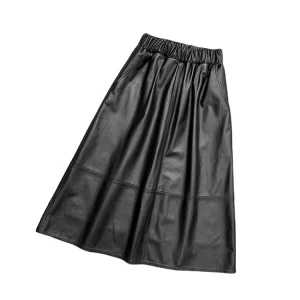 1305 Loose Solid Color Women Sheepskin Leather Long Skirt Single Breasted