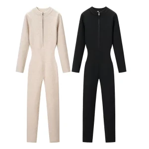 2 Colorway Crew Neck Long Sleeve Zipper Fly Solid Color Casual Fashion One Piece Jumpsuit For Women