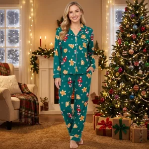 2 Piece Christmas Print Satin Pajama Set For Women Winter Warm Breathable Long Sleeve Top Front Closure Casual Classic Sleepwear