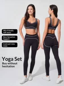 2 Piece Matching Yoga Set Breathable Polyester Spandex Sports Bra & High Waist Butt Lifting Leggings for Yoga Fitness