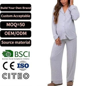 2 Piece Maternity V Neck Pullover Top Wide Leg Pant Pajama Set for Pregnant Women’s 100% Cotton Breathable