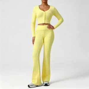 2-Piece Ribbed Activewear Set Long Sleeve V-Neck Button Top Fold-Over Waist Flare Yoga Pants Slimming Workout Outfit