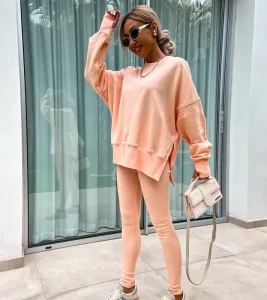2 Piece Set Women Loungewear Women Sets Oversized Sweatshirt Leggings Set Ribbed Slit Casual Outfit OEM Custom