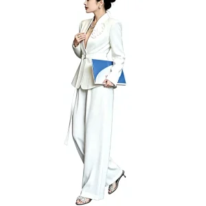 2 Piece Women’s Business Suit with Flower Applique Belted Blazer and Wide Leg Pants Custom Office Outfit