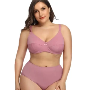 2 Piece Women’s Full Coverage Underwire Bra and Briefs Set Plus Size Push Up with Bow Decoration Solid Pattern Bikini Panties