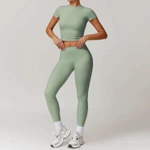 2 Piece Women’s Workout Set Polyamide and Elastane Solid Short Sleeve Activewear Crop Top Green