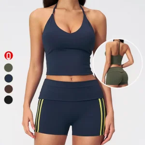 2 Pieces Impact Sports Set Women Backless Tank Yoga Tops High Waist Butt Lift Shorts Sport Wear Sportswear Gym Workout Set