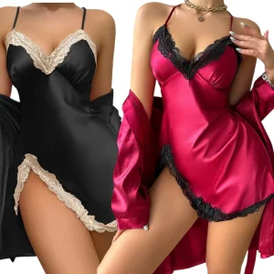 2-piece Set Long Sleeve Silk Robes With Dress Pajamas Set Women’s Sleepwear
