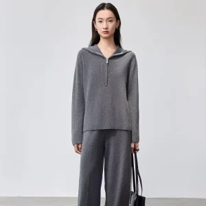 22488 Autumn Women’s All Match Machine Washable Solid Design Ladies Coat Long Sleeve Wool Sweater with Hood and Zipper