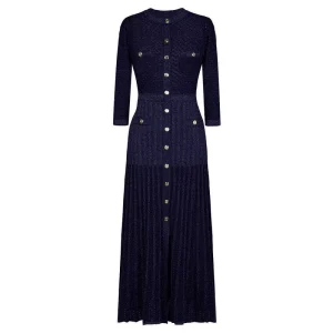 24197 Autumn New Fashionable Knitted Round Neck Shiny Color Button Slim Fit Seven Quarter Sleeve Women’s Dress
