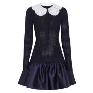 2604 Spring and Autumn New Fashionable Elastic Knitted Collar Slimming Splicing Satin Women’s Dress