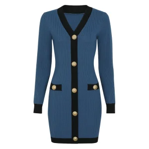 2606 Autumn New Style Fashionable Temperament Color Blocked V neck Slim Fit Knitted Long Sleeved Women’s Dress