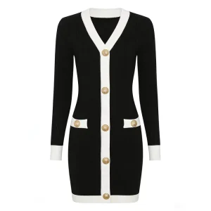 2606 Autumn New Style Fashionable Temperament Color Blocked V neck Slim Fit Knitted Long Sleeved Women’s Dress