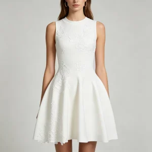 26115 High Quality Summer Sleeveless Short Luxury Heavy Industry Embroidered Elastic Knitted A line Slimming Women’s Dress