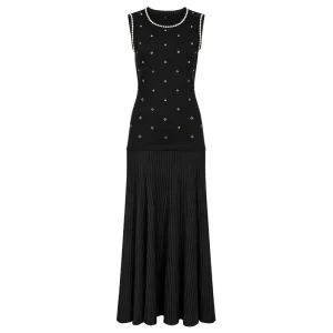 26121 Summer Stretch Knitted Sleeveless Women’s Dress with Pearl Heavy Industry Nail Bead