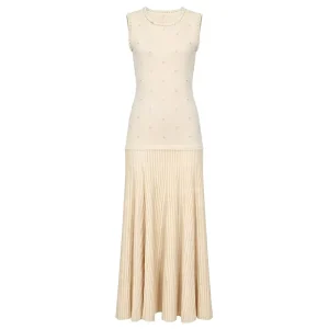 26121 Summer Stretch Knitted Sleeveless Women’s Dress with Pearl Heavy Industry Nail Bead