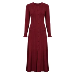 26123 Multi-color Summer And Autumn Round Neck Button Slim Fit Long Sleeved Elastic Knitted Women’s Dress