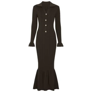 2621 Spring And Autumn Knitted Button Lapel Slim Fit Fish Tail Long Sleeved Women’s Dress