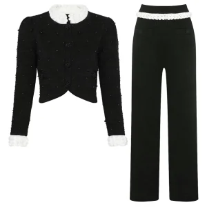 2652 High quality Spring And Autumn New Style Full Body Nail Bead Elastic Knitted Casual Style Top Cardigan+pants Women’s Suit