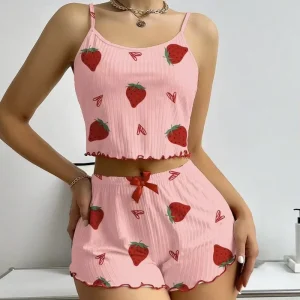 2PCS/SET Women’s Strawberry Print Ribbed Knit Camisole Pajama Set Comfortable Two-Piece Sleepwear for Summer Quick Dry Pajamas