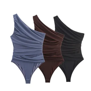 3 Colorway Pleated Asymmetrical Design Solid Color Casual Fashion Summer Mesh One Piece Jumpsuit For Women