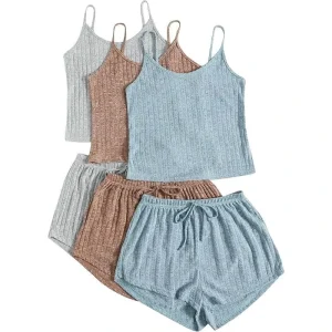 3 Piece Women’s Lounge Set Ribbed Sleeveless Crop Top Tie Front Shorts Sleepwear Loungewear