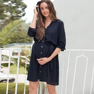 3 in 1 Factory Women Pregnancy Clothes Maternity Shirt Sleeve Midi Shirt Dress With Waistband