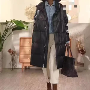3272 Women’s Down Long Coat Semi high Collar Sheepskin Leather White Duck Down Coat