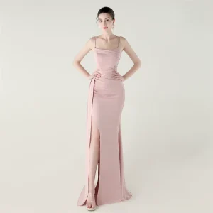 33585# Strapless Sweetheart Neckline Silk Satin Dress With Pleated Design Mermaid Skirt & High Side Slit for Formal Banquet
