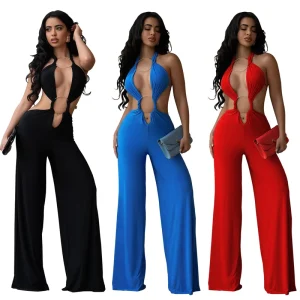 3Colors Plain Women’s Jumpsuits Big Rings Sleeveless One Piece Romper Plus Size Playsuits S XXL