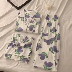 3PCS Women’s Pajama Set Button Down Top with Shorts and Long Pants Cute Print Homewear for All Seasons